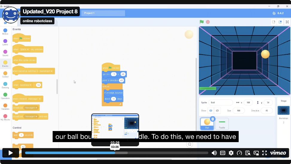Scratch Fundamental Pong Game — actual lesson video frame