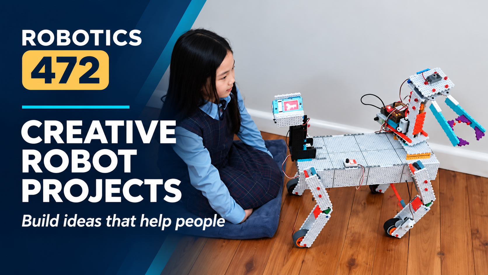 Robotics 472: a student demonstrating a robot dog. Creative Robot Projects — Build ideas that help people.